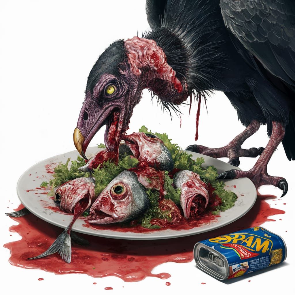 Grotesque Zombie Vulture Feast on Fish Salad