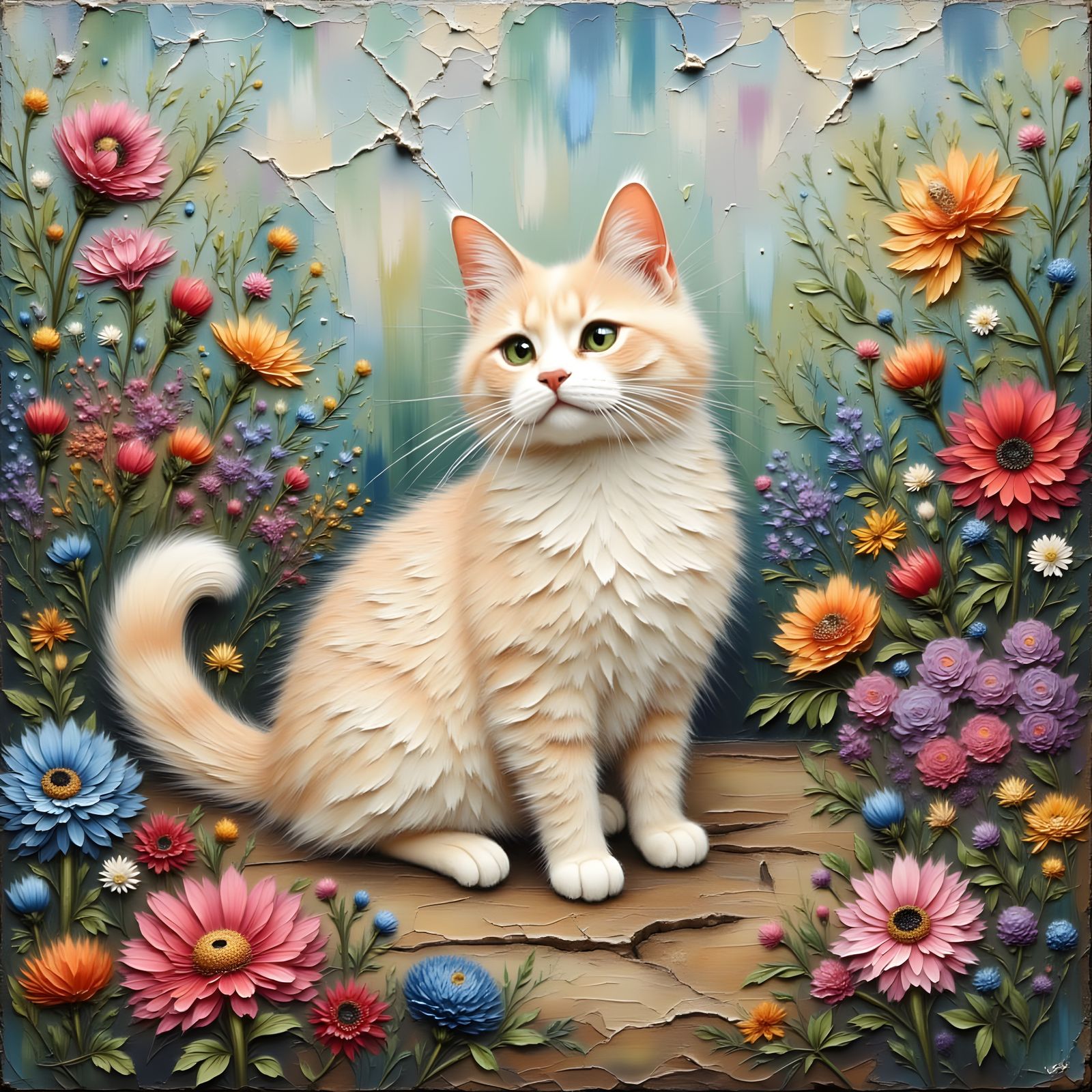 Happy Pearl Cat Amidst Textured Flower Garden