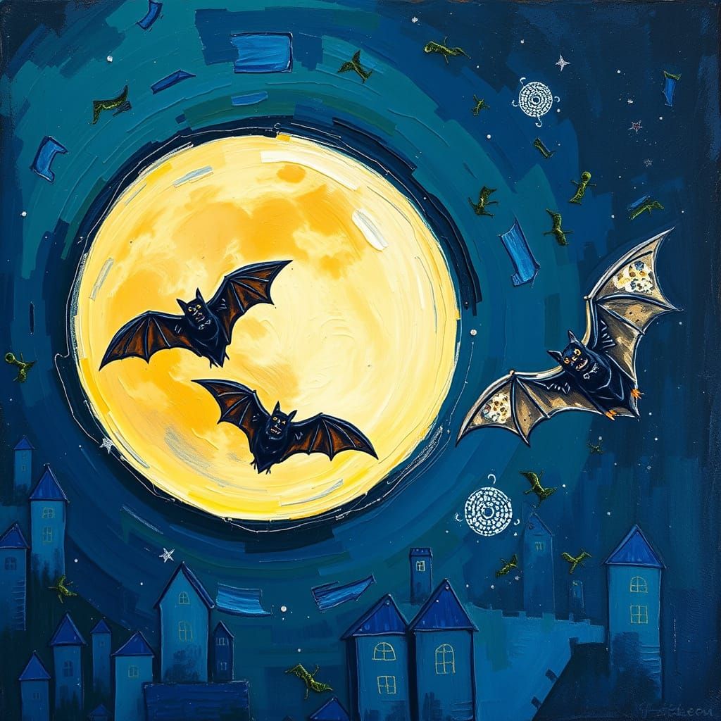 Bats Flying Over Moon in Impressionistic Style