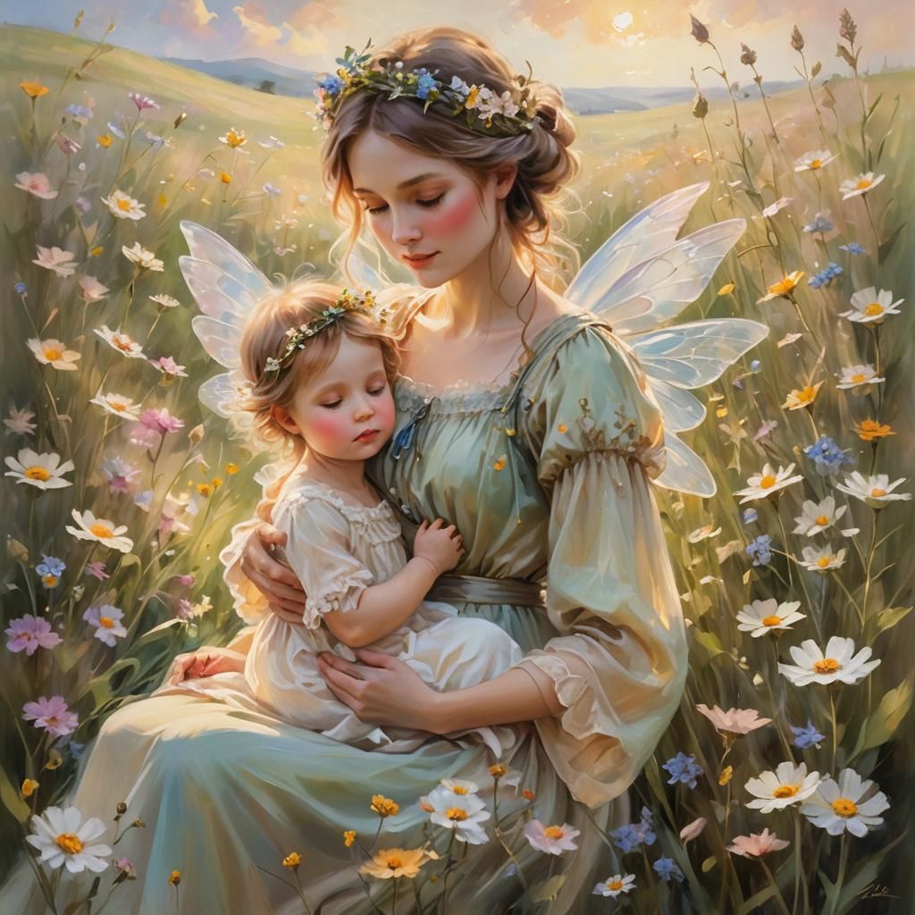 Fairy Mother and Child in a Wildflower Meadow
