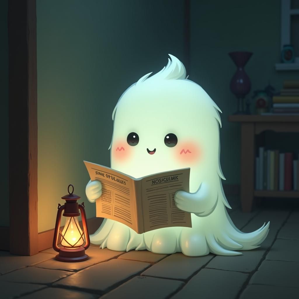 Ghost Reading Newspaper in Anime Style