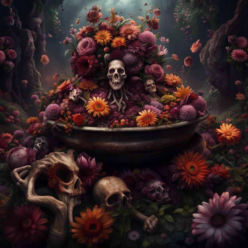 Cannibal Cauldron Surrounded by Flowers: Digital Matte Paint...