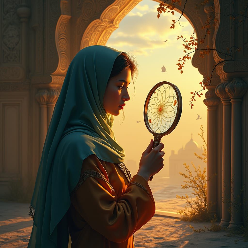 Woman in Hijab Searches with Magnifying Glass