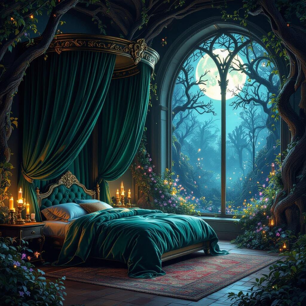 Cozy Fantasy Bedroom with Magical Forest View