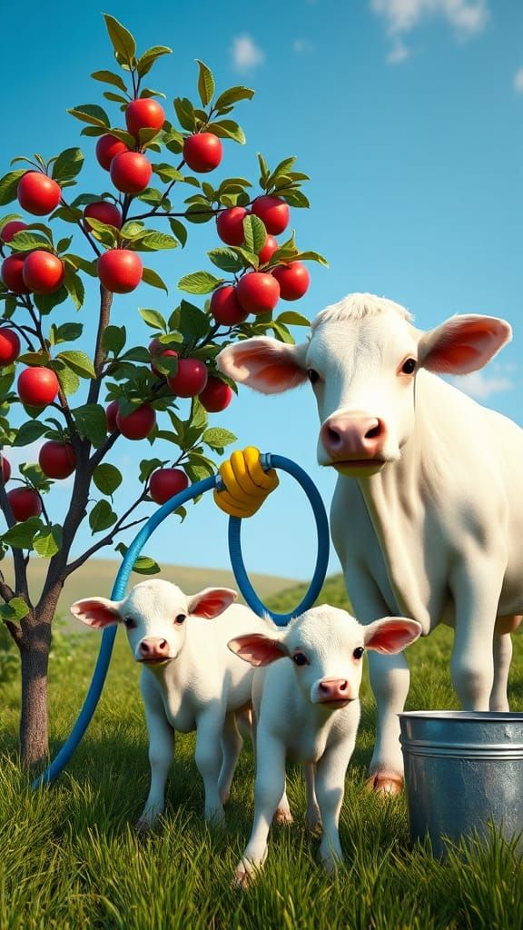Cow Waters Apple Tree in Storybook 3D Render