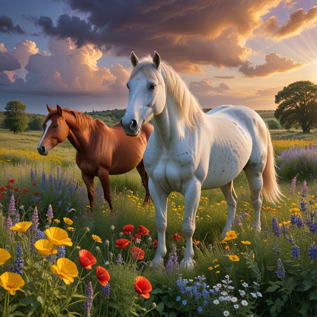 Serene Summer Countryside Scene with Horses in Golden Hour