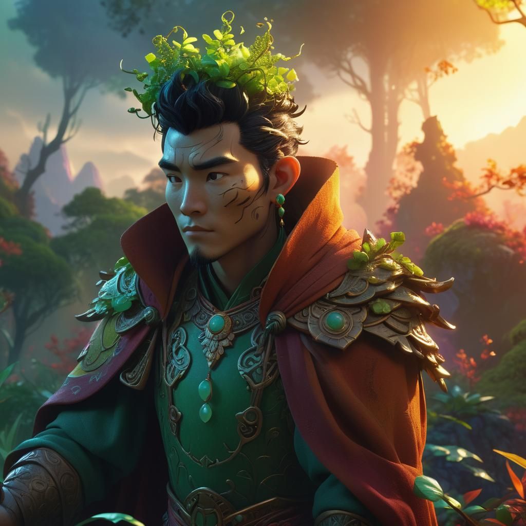 Mystical Forest Cultivator in Vibrant 3D Digital Art