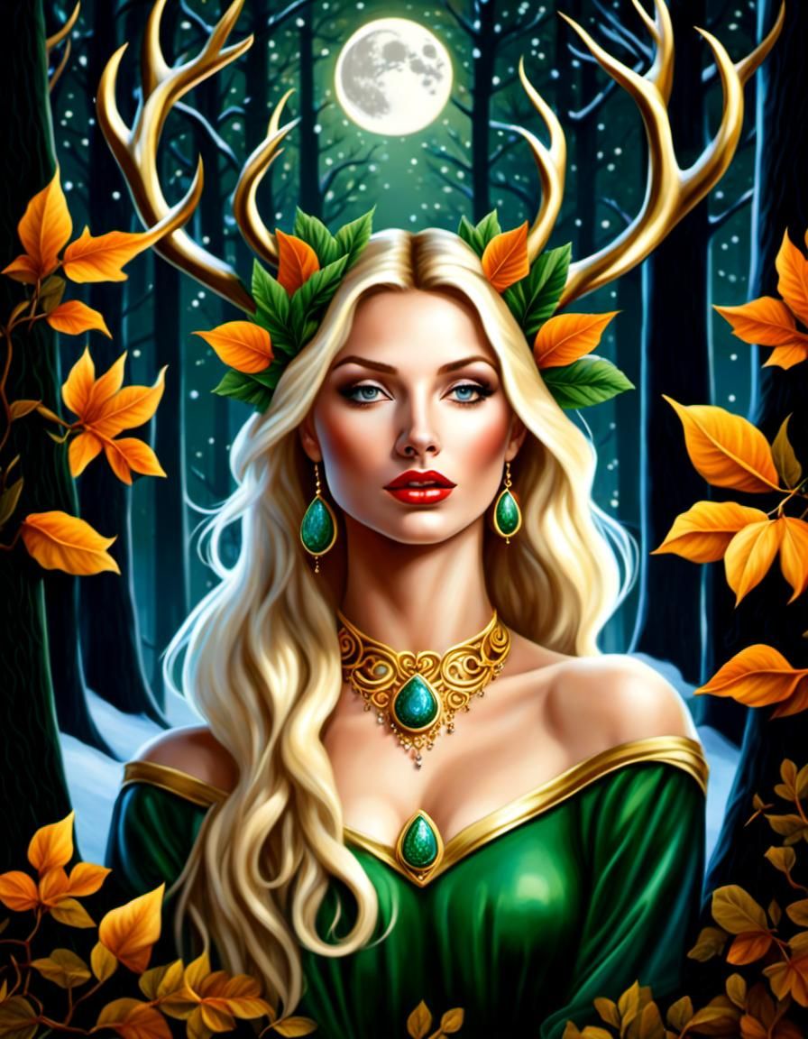 Woman with Antlers in Forest Glade