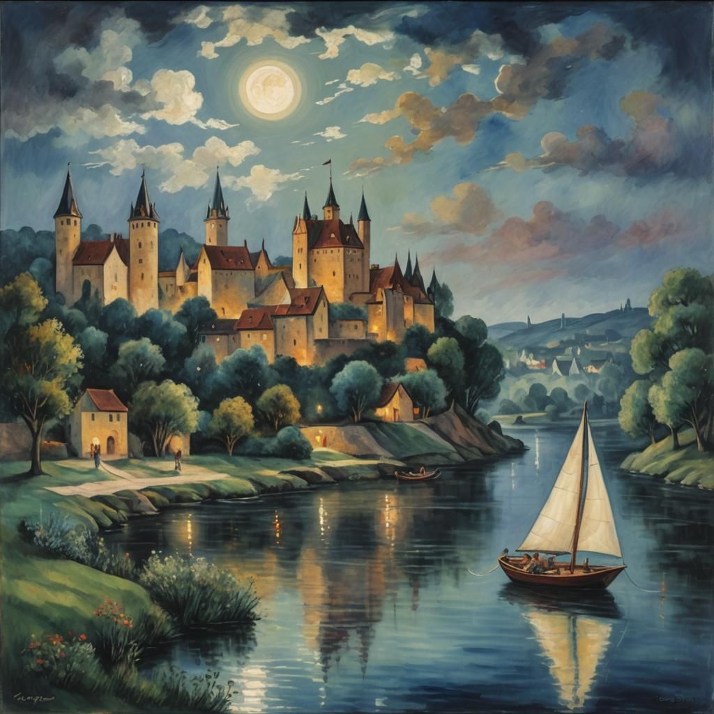 Moonlit River Scene with Medieval Castle