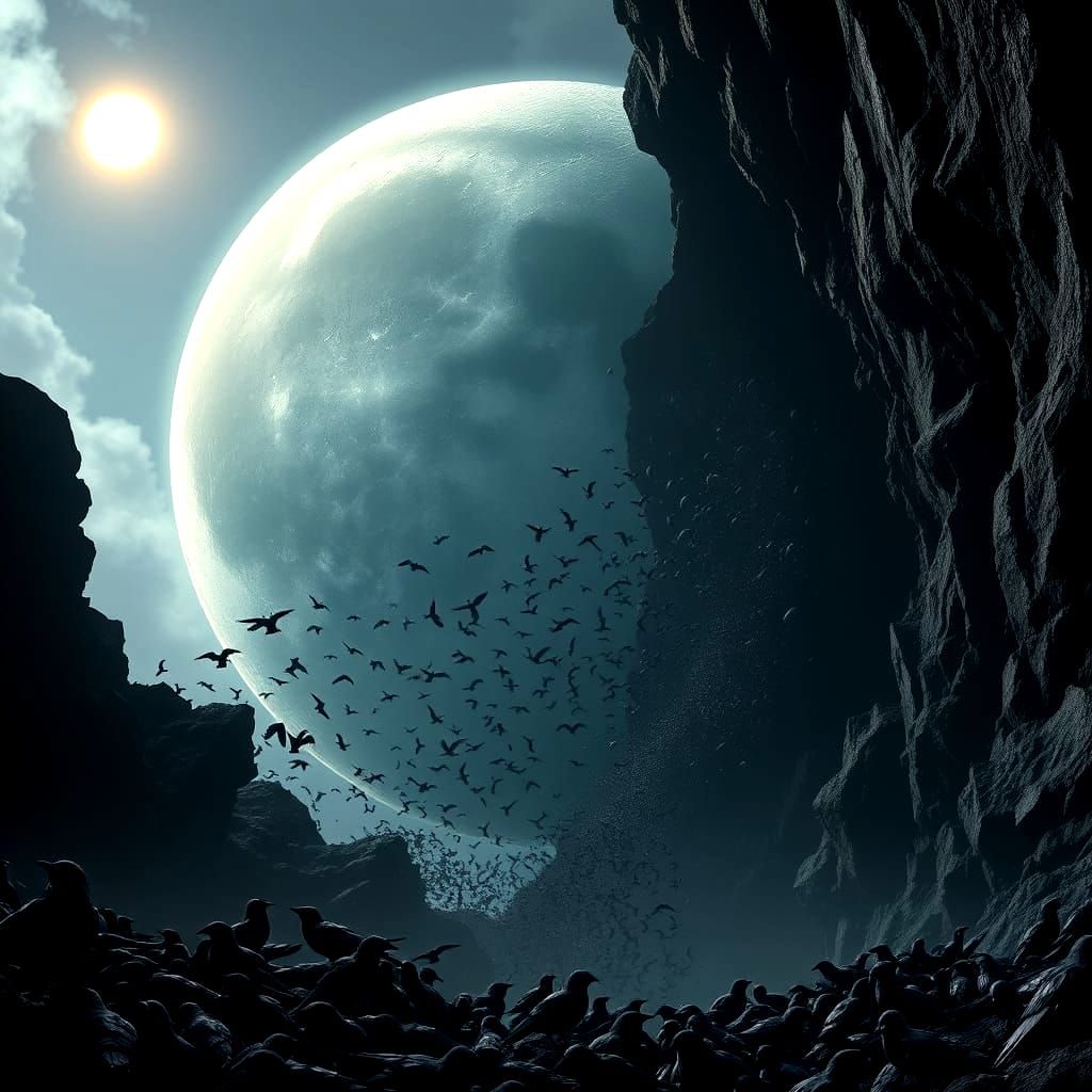 Crows Emerge from Cracked Moon: 3D Cinematic Render