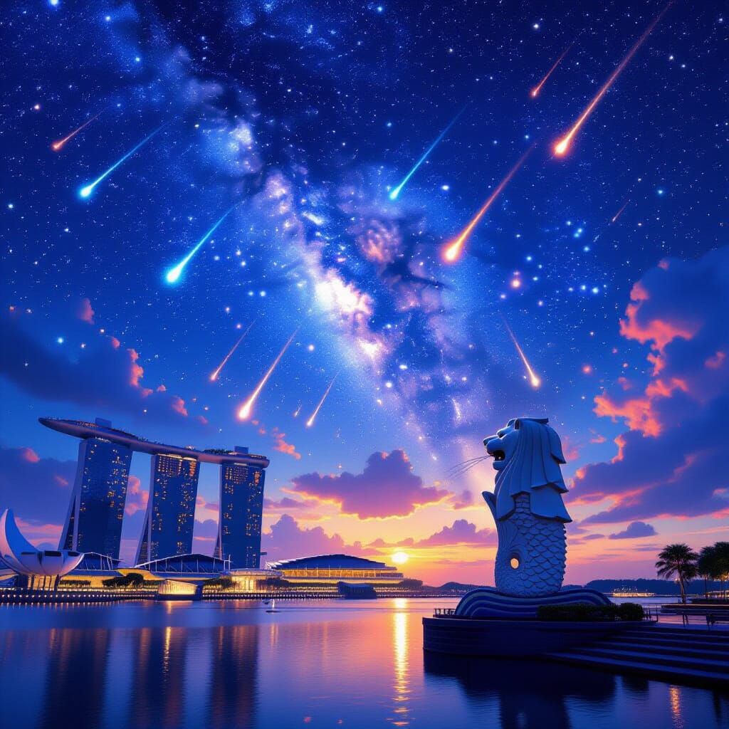 Singapore Meteor Shower Over Merlion in Cinematic Matte Styl...