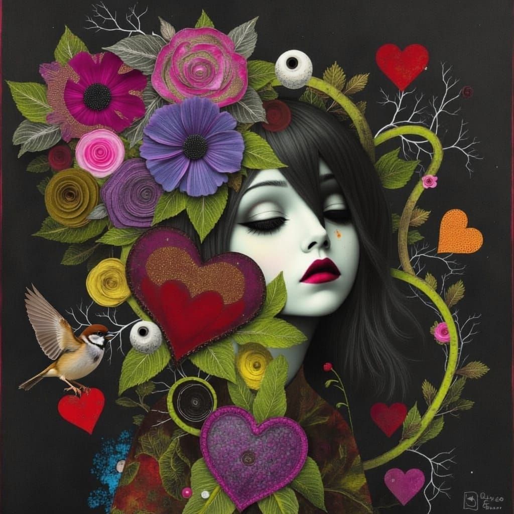 Abstract Woman with Wisteria and Biomechanical Elegance