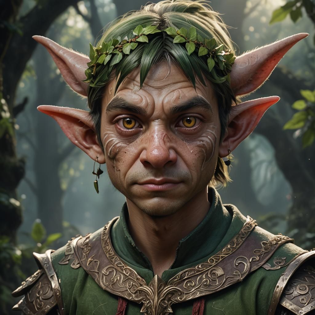 Hyperrealistic Portrait of Mischievous Pig-Faced Elf