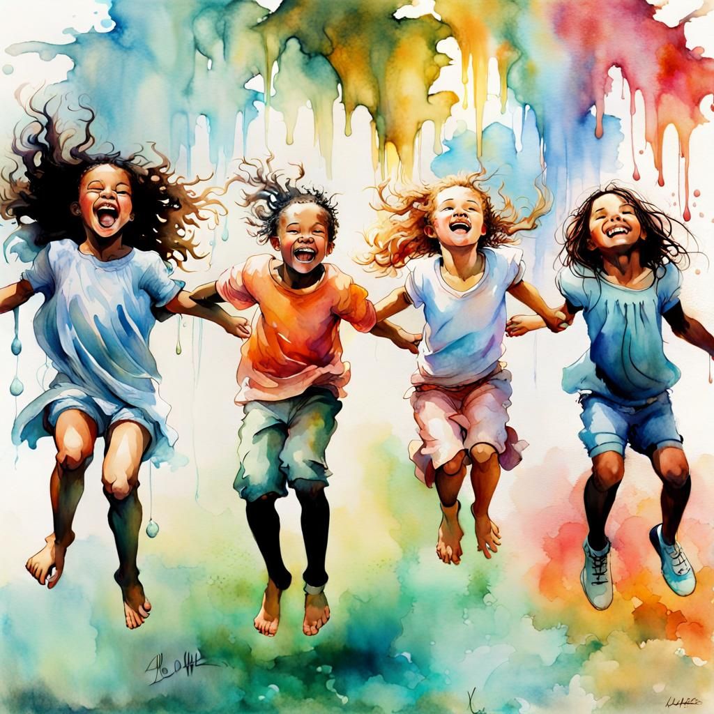 Children's Joy: Art Nouveau Watercolor Painting