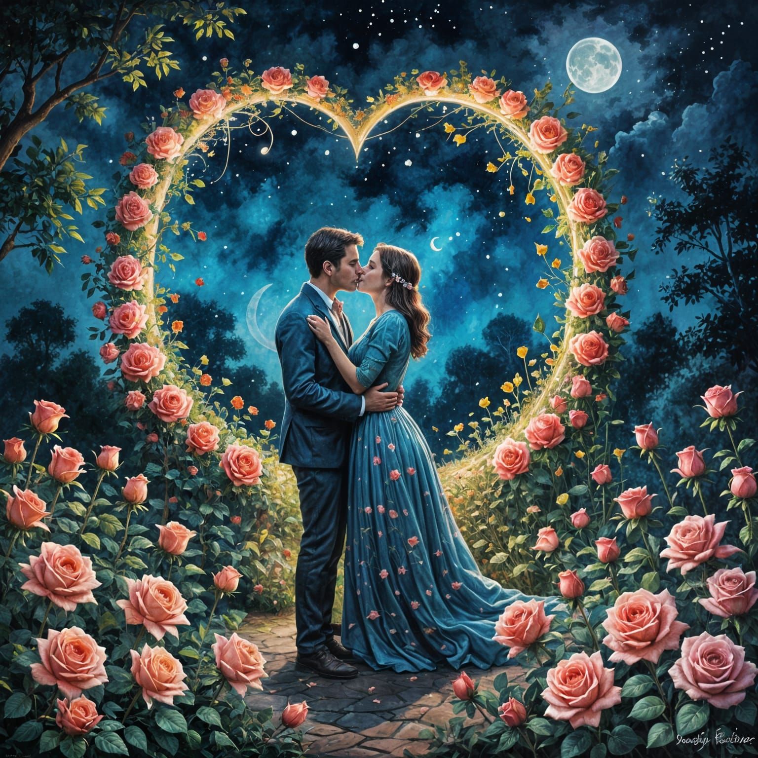 Midnight Garden Romance in Impressionist Gouache Style