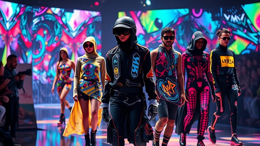 Fashion Show in Cyberpunk 3030: Digital Video Glowing on Run...
