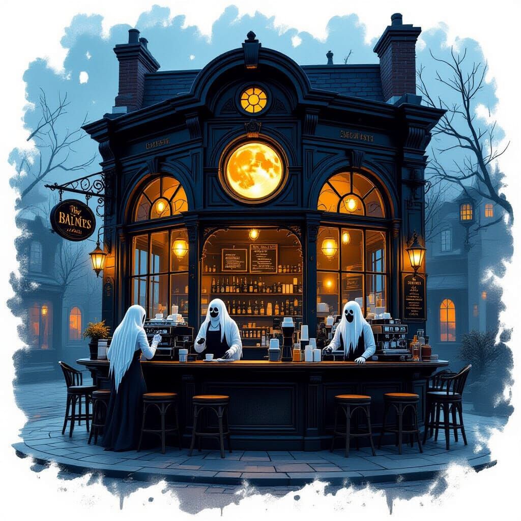 Spooky Moonlit Coffeehouse With Ghostly Baristas