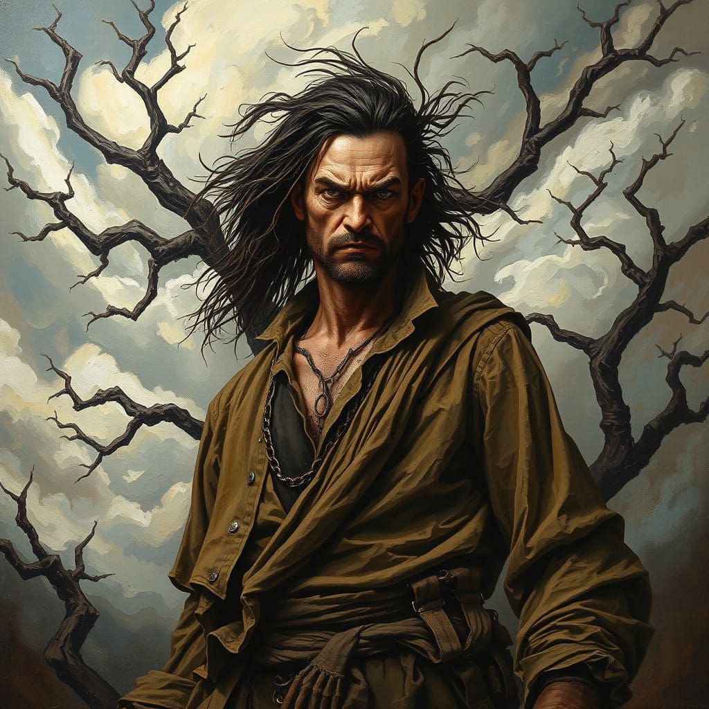 Heroic Figure Confronts Turbulent Nature