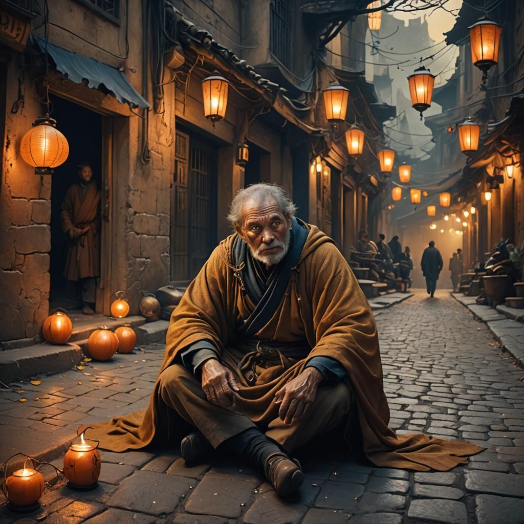 Mystical Street Scene with Hunchbacked Man