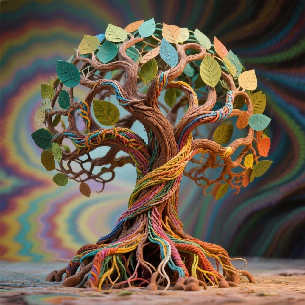 Surreal Fiber Tree Sculpture with Moire Background