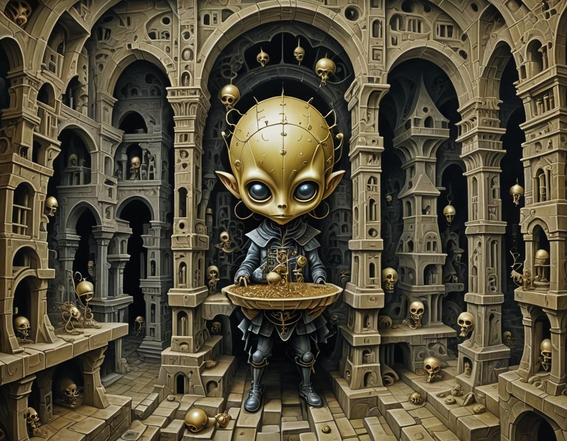 Chibi Myconid in Gothic Catacombs: Surreal Digital Art