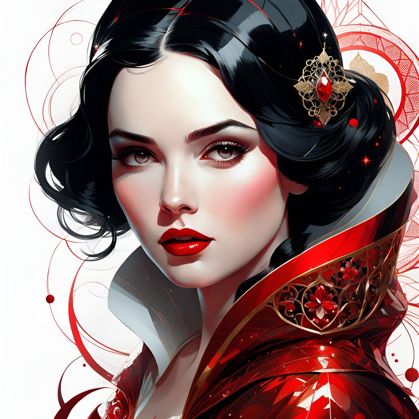 Snow White Portrait with Red Filigree