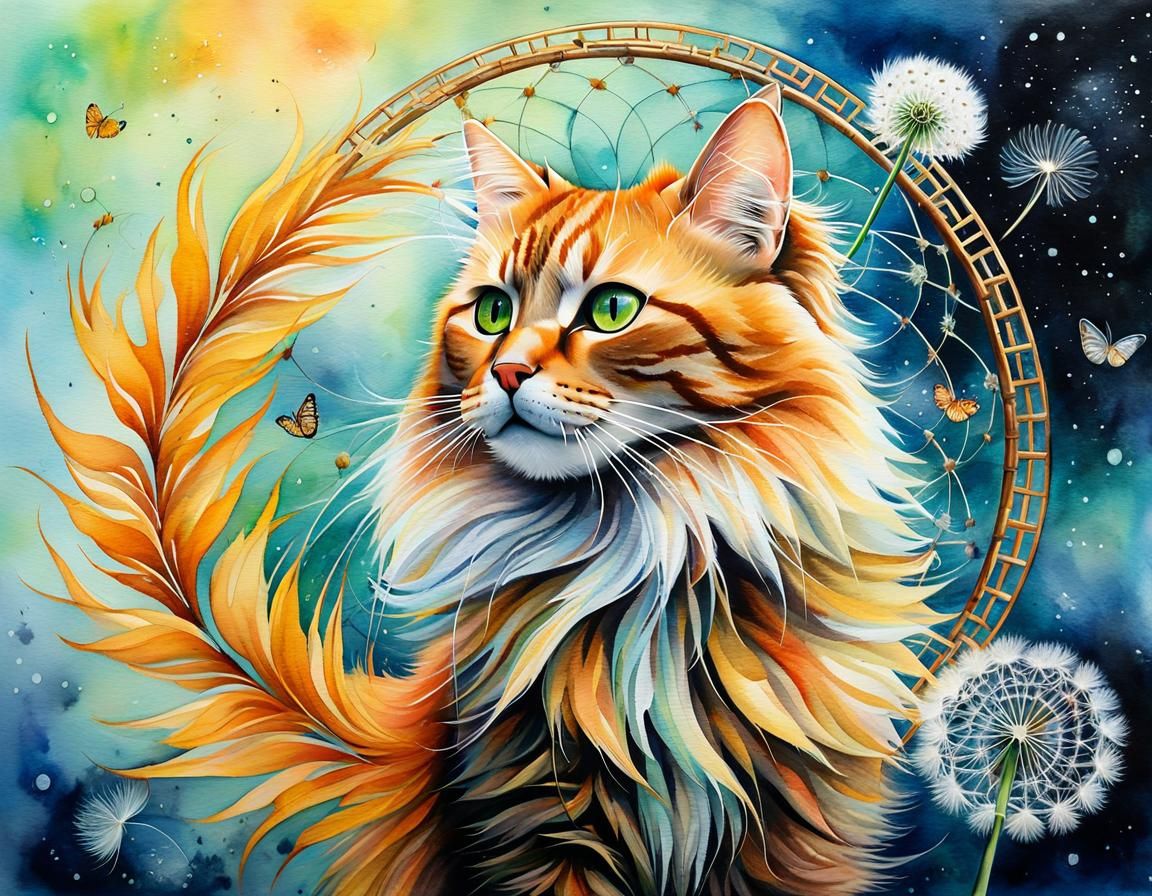 Cosmic Ginger Cat in Spirograph Aquarelle Painting