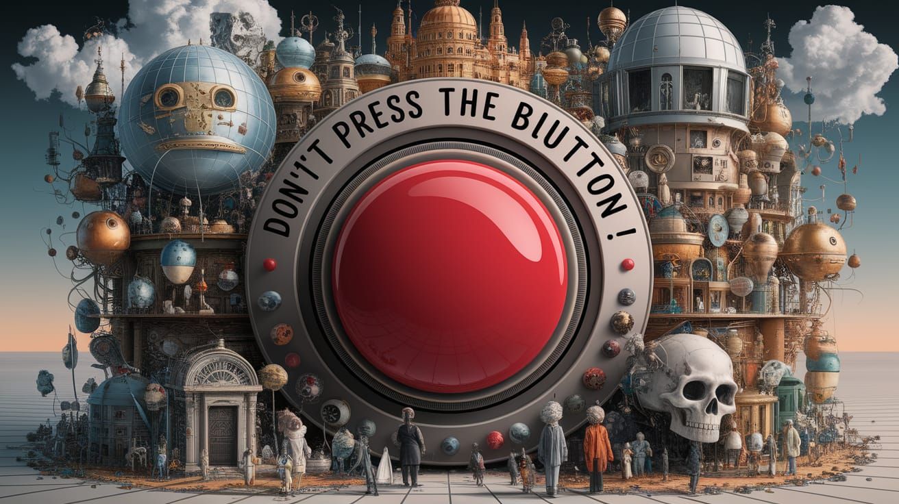 Epic Surrealism with Red Button and Whimsical Details