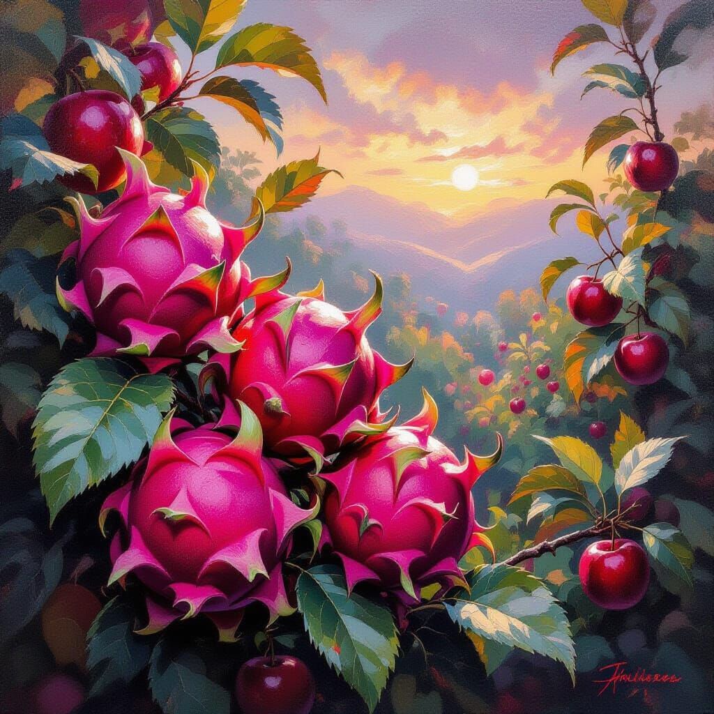 Violet-Red Dragon Fruit Halloween Night Oil Painting