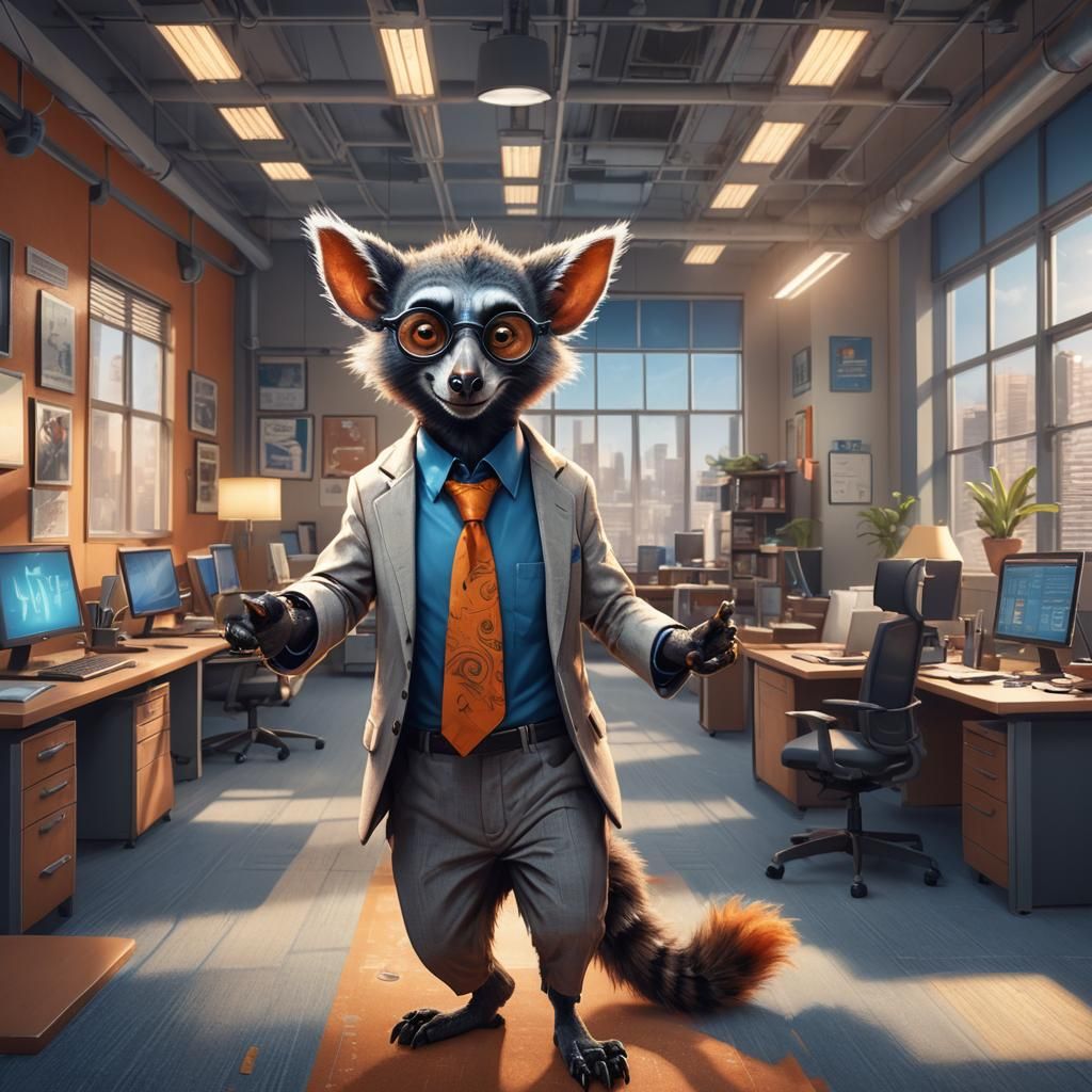 Happy Aye-Aye Lemur in the Office, Detailed Illustration