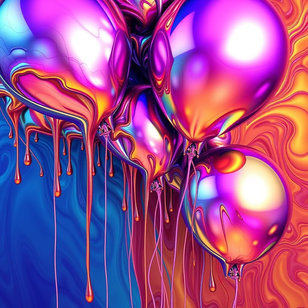 Distorted Iridescent Balloons in a Gooey, Lava-Like Paint