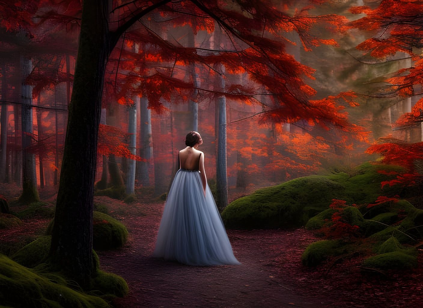 Woman in Red Dress in Autumn Forest, Digital Art