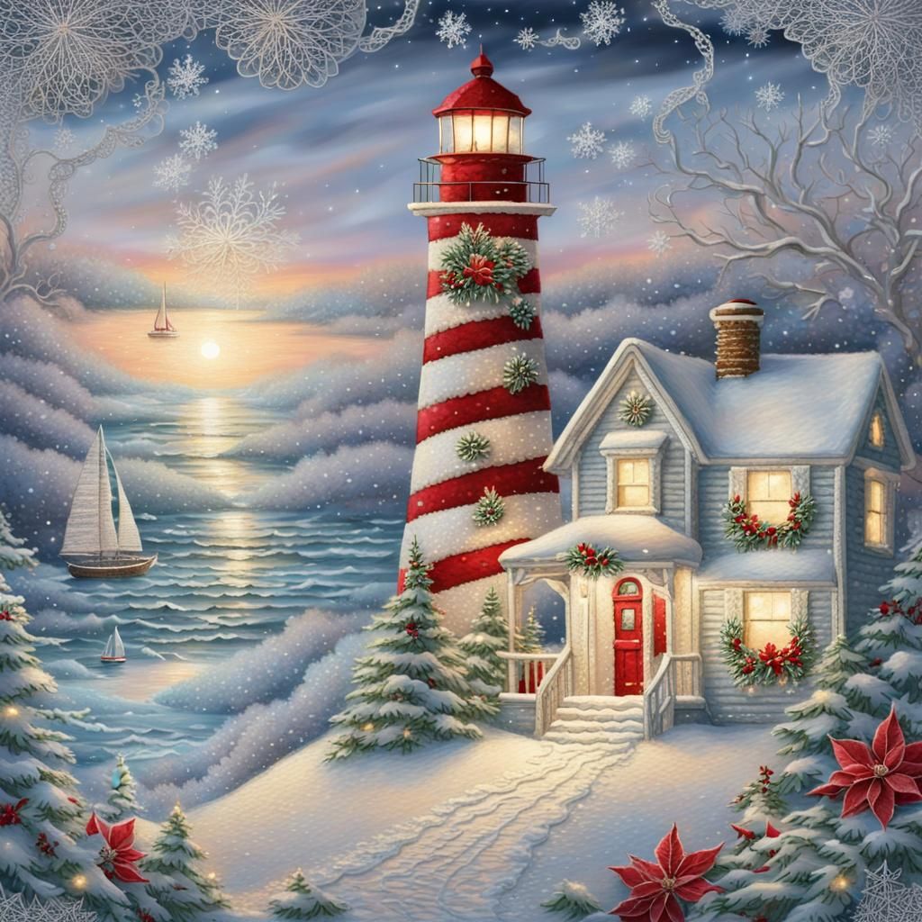 Festive Holiday Lighthouse in Embroidered Lace Art