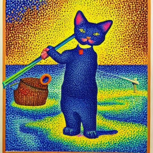 Pointillist Cat Fishing: A Pointillism-Style Image