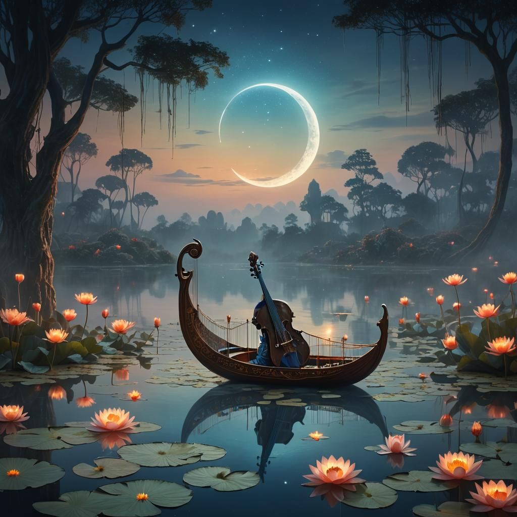 Glowing Lyre on Serene Lake in Surreal Style