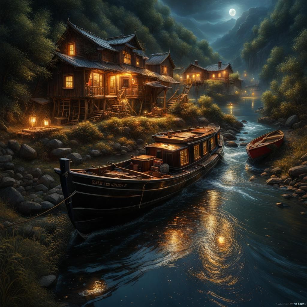 Upstream Boat in Dark Surreal Environment Art