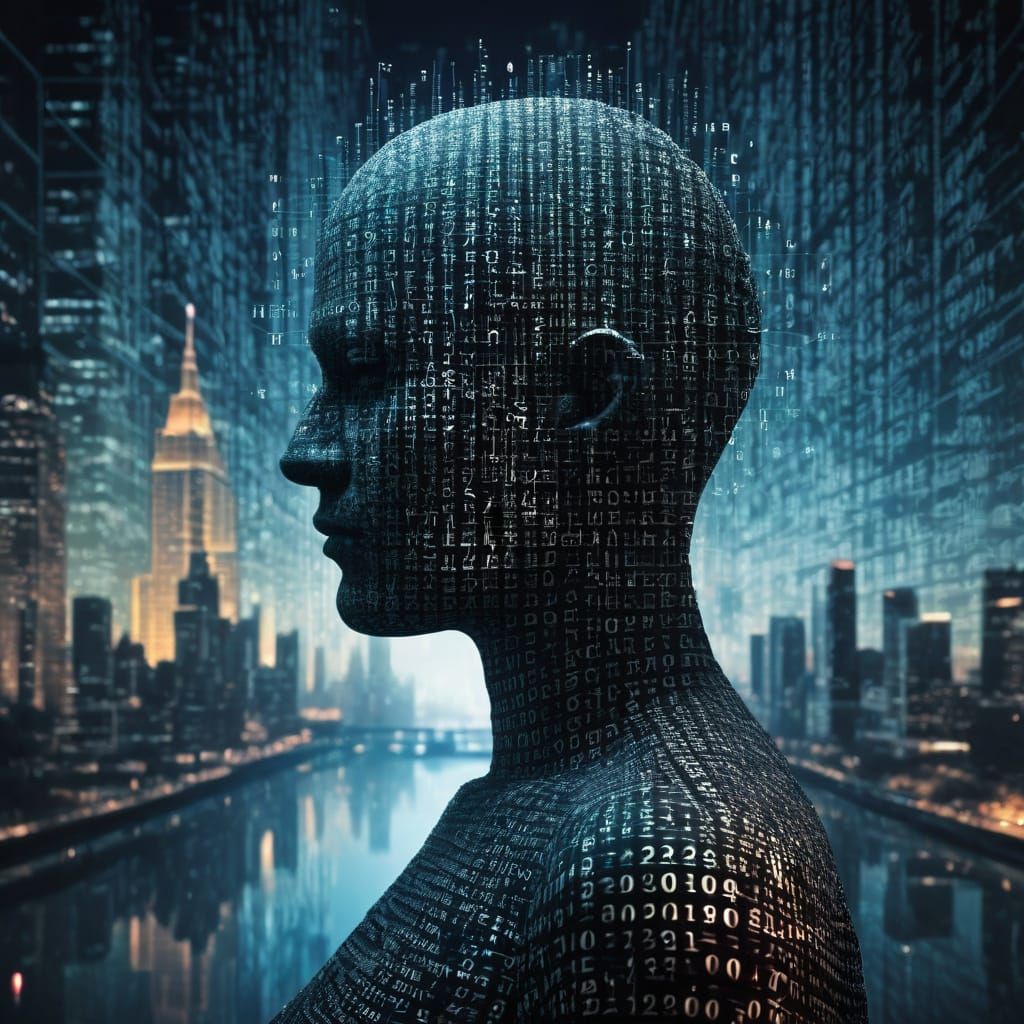 Cyberpunk Cityscape Silhouette with Pinhead and Binary Code