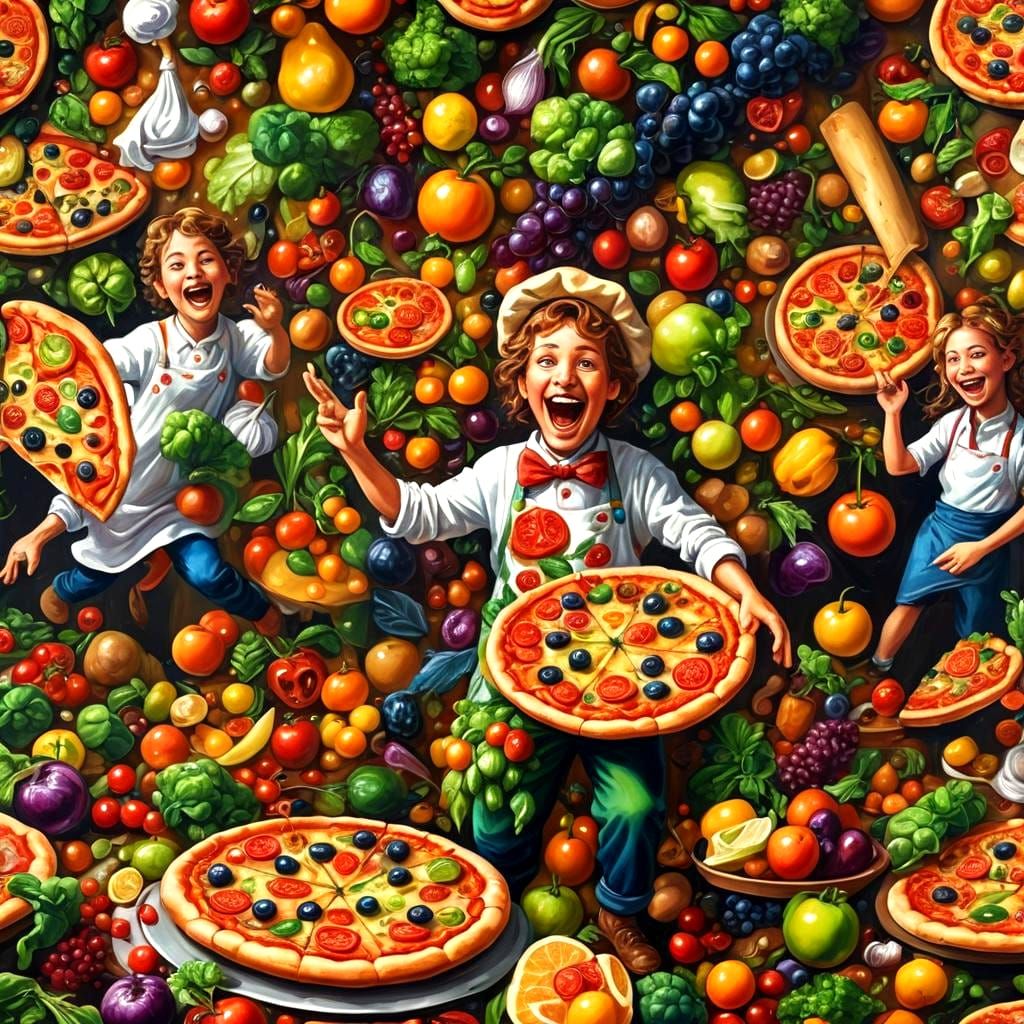 Gossy Pizza Dance in Kitchen: Detailed Matte Painting