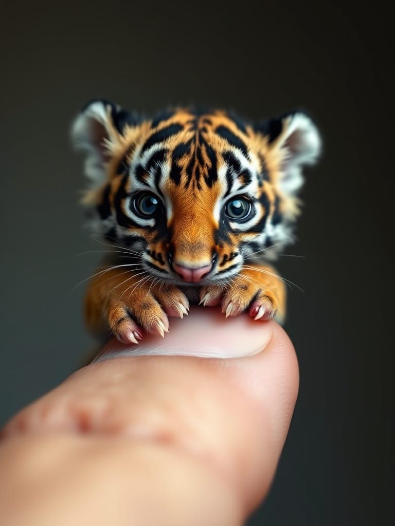 Hyperrealistic Macro of Newborn Tiger on Human Thumb