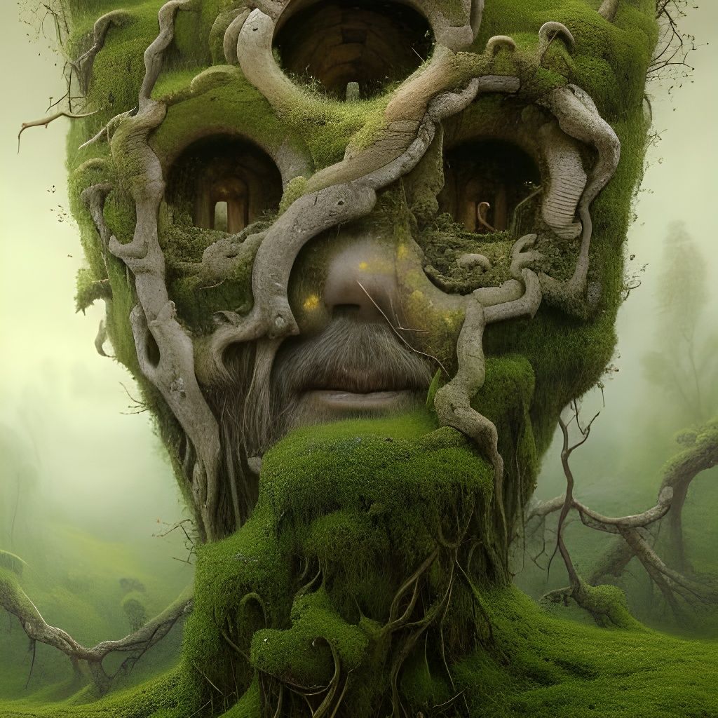 Ancient Stone Head with Growing Landscape