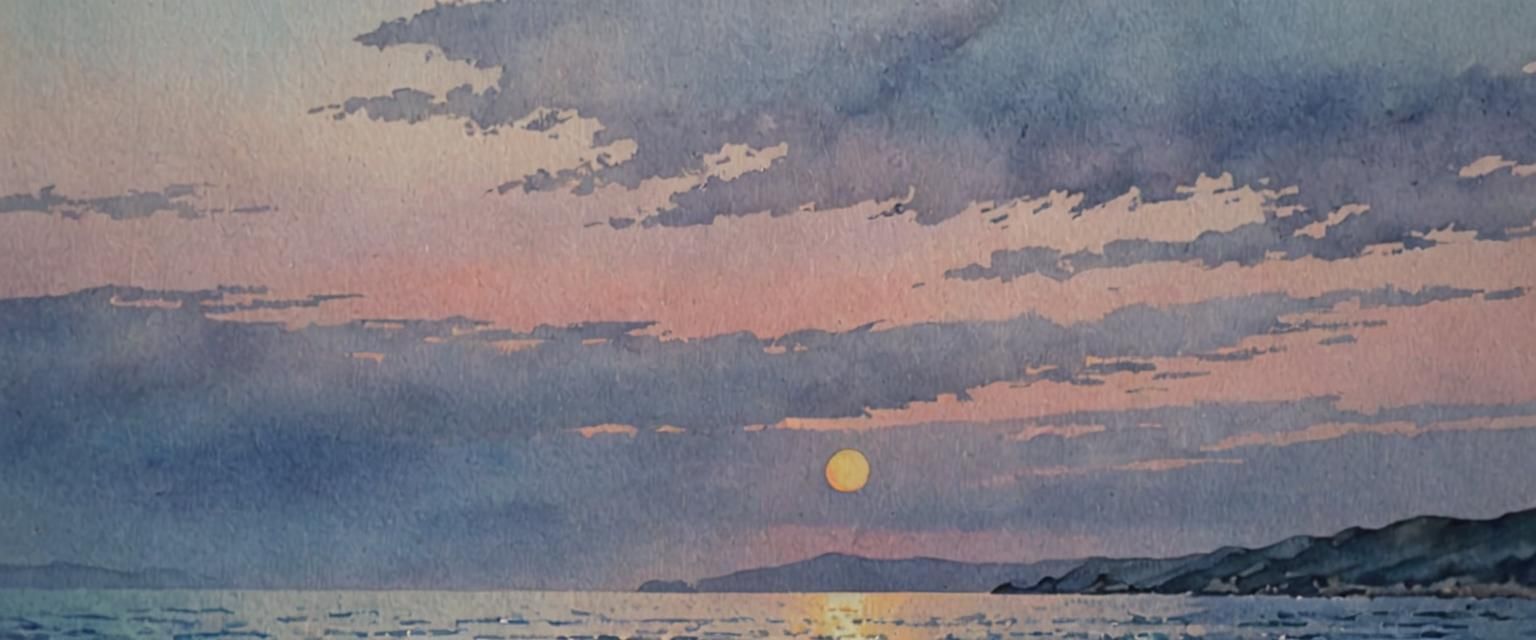 Adriatic Sunset: Watercolor Painting in Pastel Tones