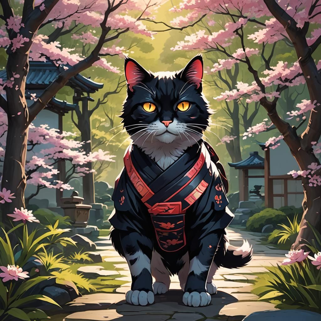 Ninja Cat Sneaking Through Shadows: Anime Style