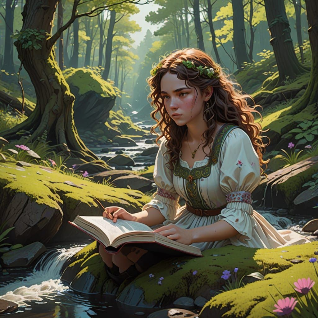 Fantastical Girl in Whimsical Woodland Scene