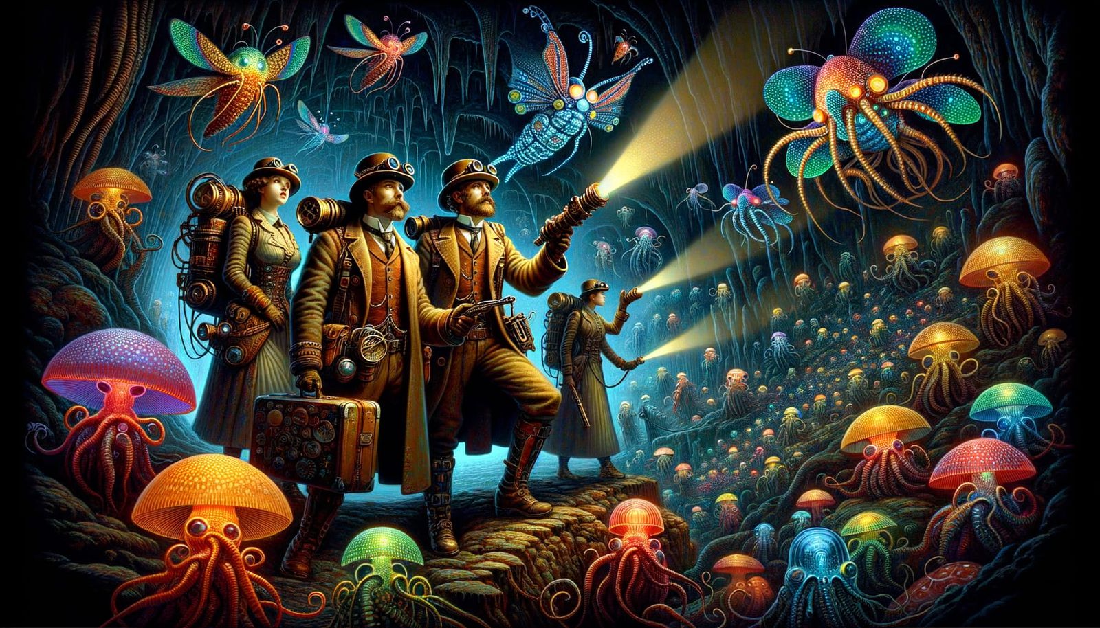 Steampunk Explorers Discover Bioluminescent Cave