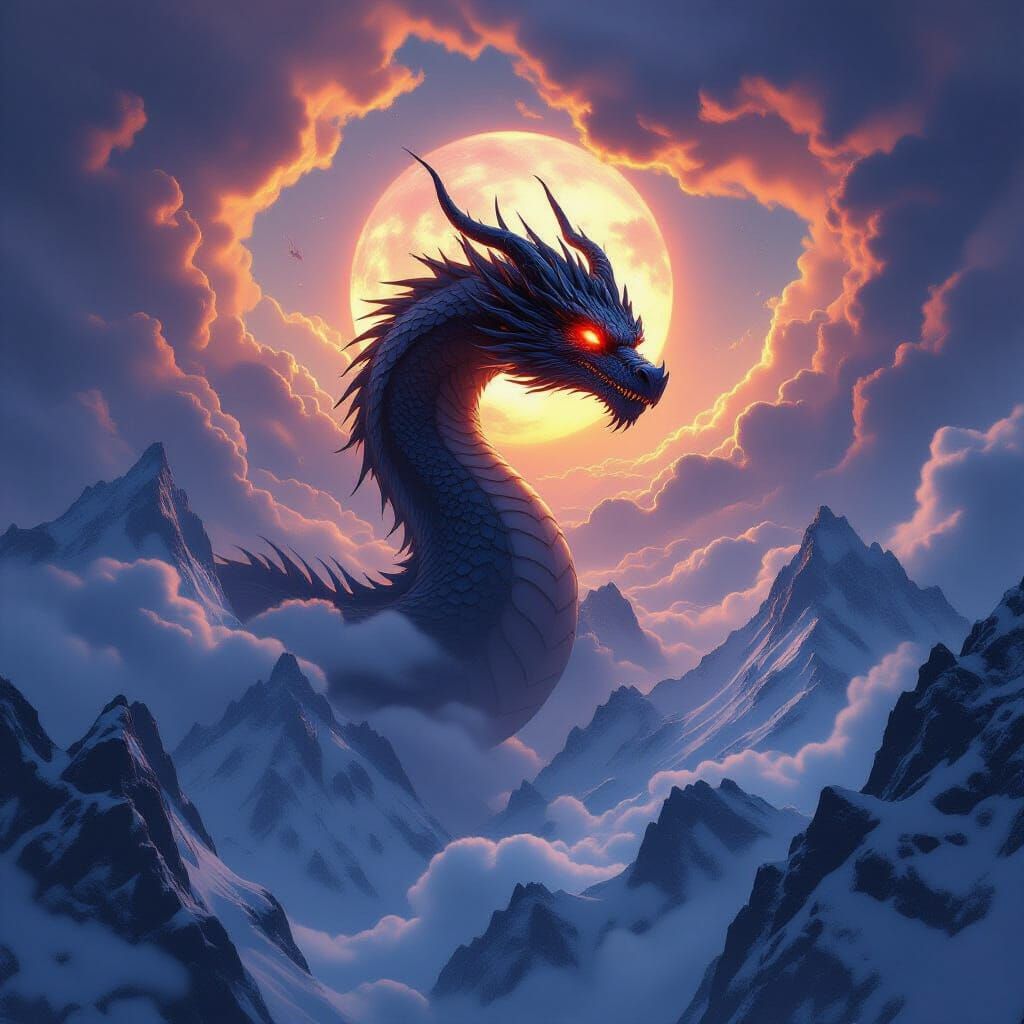 Colossal Obsidian Dragon Soars Over Snowy Peaks