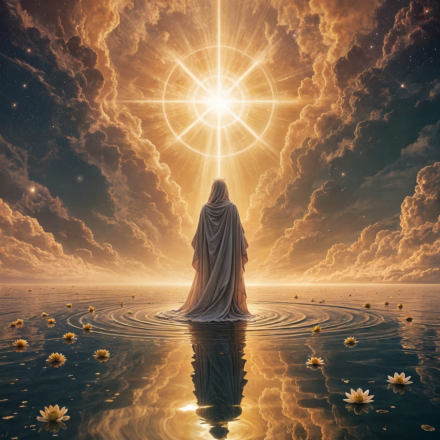 Surreal Dreamscape: Figure's Divine Transformation