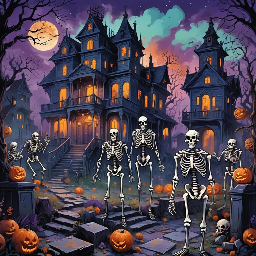 Skeletons Gather at Haunted Mansion: Dark Fantasy Art