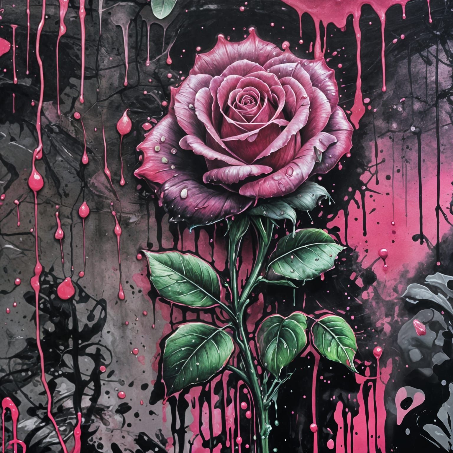 Neon Pink Rose Graffiti Art Growing From Water