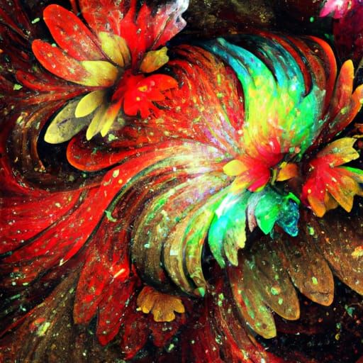 Hyperrealistic Floral Splash Art in Red, Gold, and Green