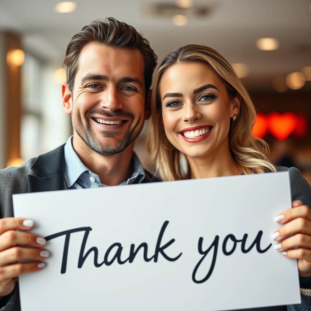 Joyful Couple Holds Heartfelt Thank You Sign